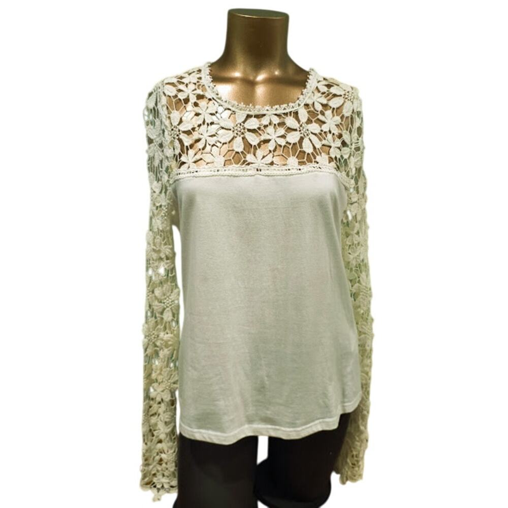 Lookbook Store Top with Long Lace‎ Sleeves, Cream, Size 8, NWT